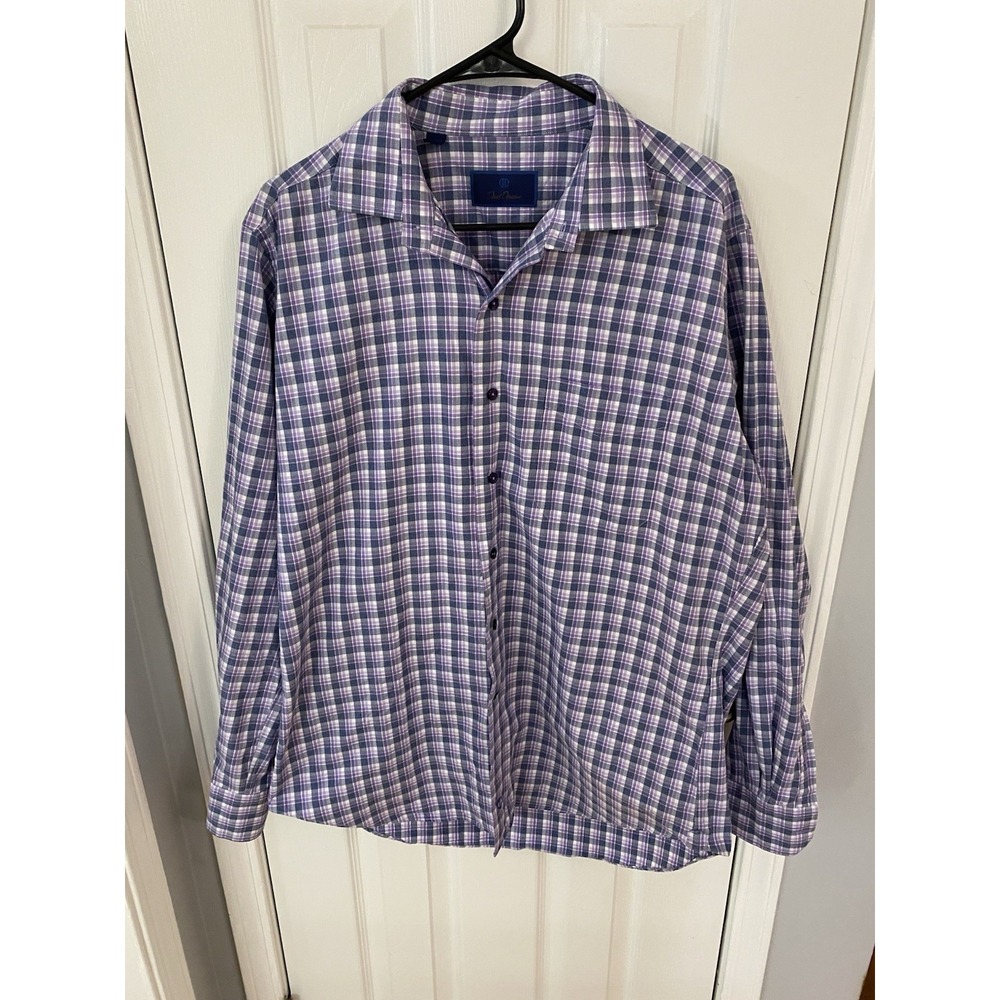 David Donahue Button Down Shirt Mens Large Purple‎ Plaid Excellent Cotton L/S